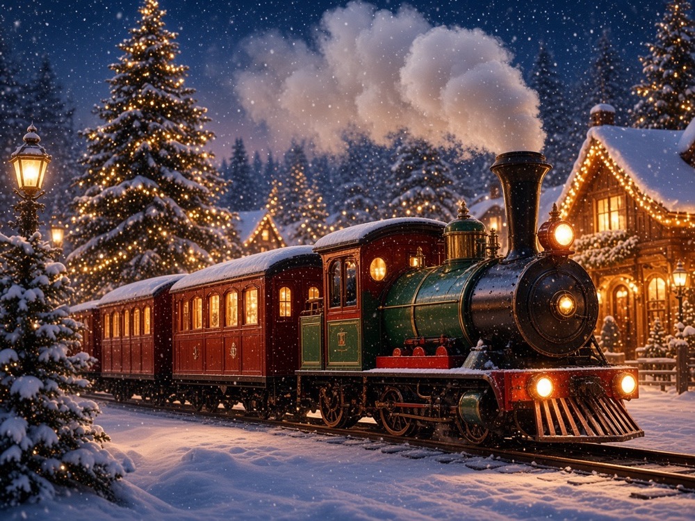 Le petit train du village sous la neige