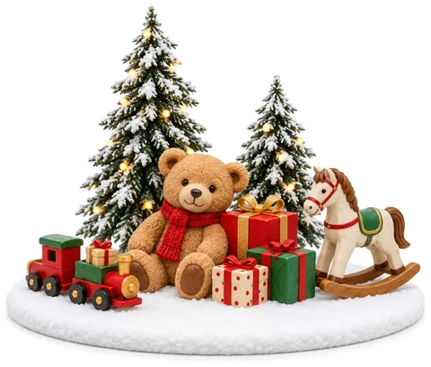 Ours en peluche, sapins et jouets