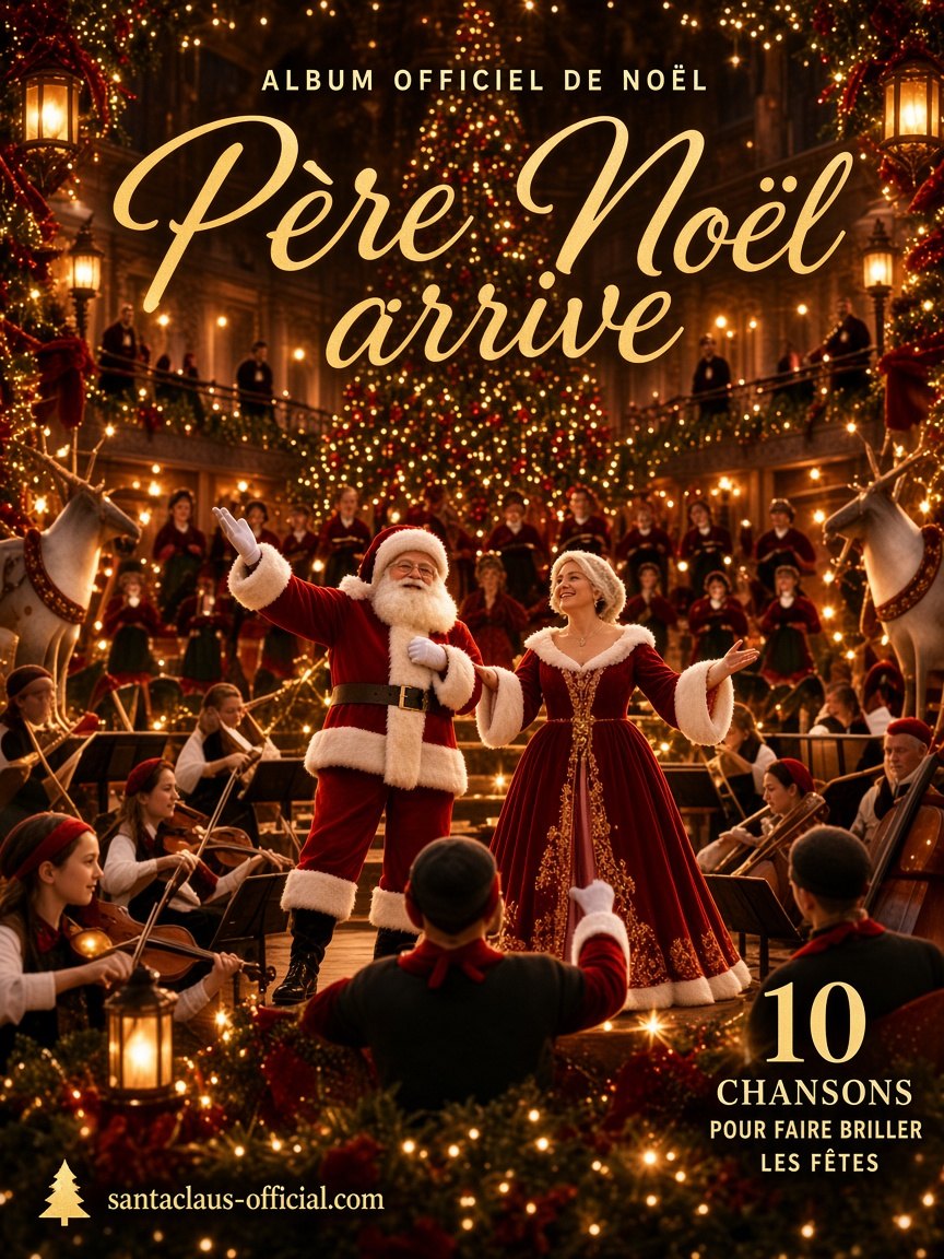 Pochette de l’album « Père Noël arrive » : le Père Noël et la Mère Noël sur scène devant un grand sapin illuminé