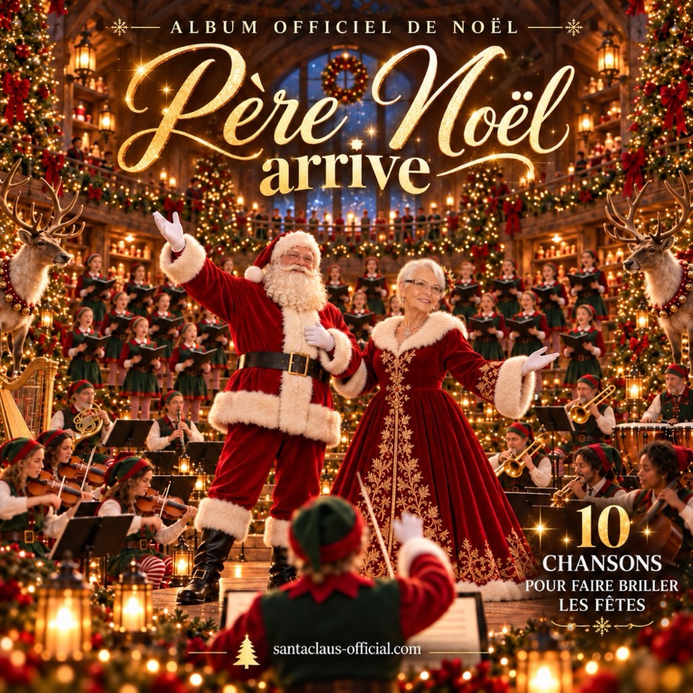 Pochette de l’album « Père Noël arrive » : le Père Noël et la Mère Noël sur scène devant un grand sapin illuminé