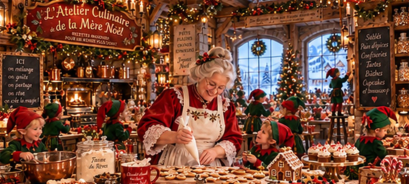 Maman Noël et les lutins pâtissiers dans l'atelier culinaire décoré pour Noël