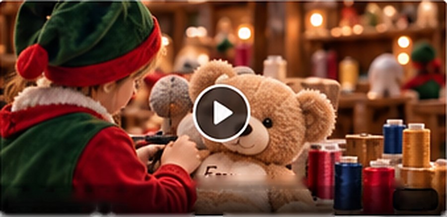 Une lutine brode le prénom Emma sur un ourson en peluche
