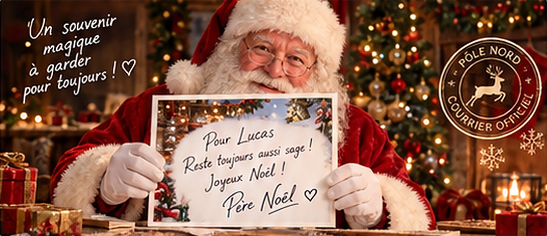 Le Père Noël tient une photo dédicacée « Pour Lucas, reste toujours aussi sage ! Joyeux Noël ! »