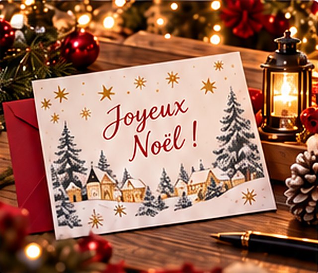 Une carte de vœux Joyeux Noël posée sur une table près d'une lanterne