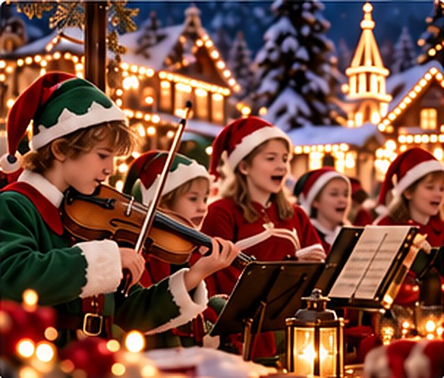 Des enfants lutins chantent et jouent du violon dans le village illuminé