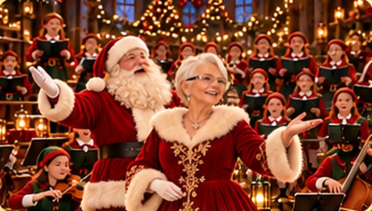 Le Père Noël et la Mère Noël chantent avec la chorale des lutins