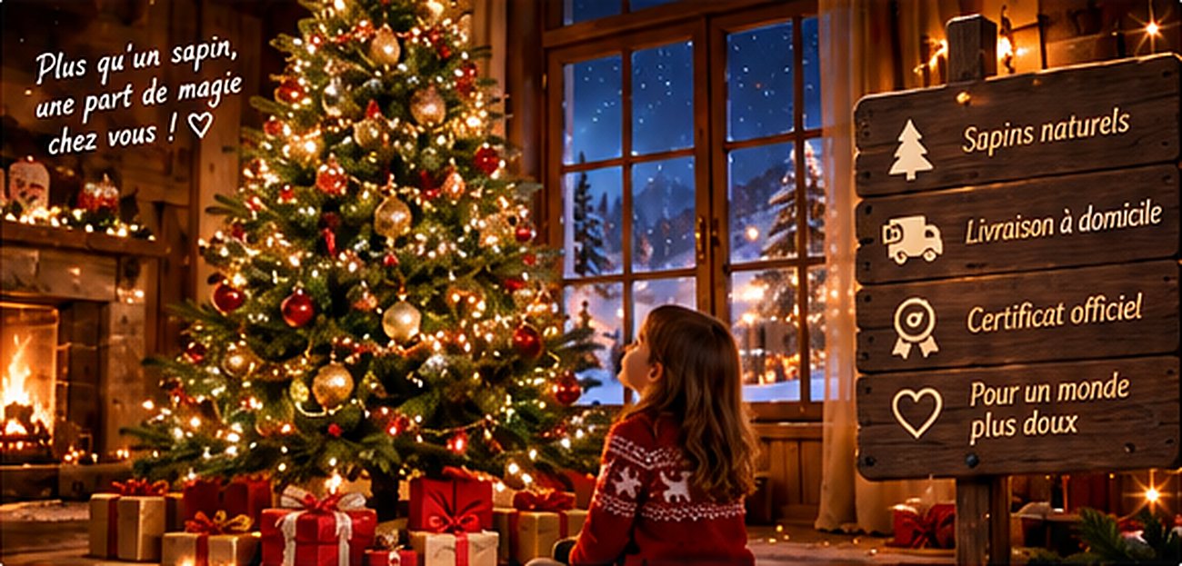 Une petite fille admire un grand sapin illuminé près de la cheminée. Plus qu'un sapin, une part de magie chez vous ! Sapins naturels, livraison à domicile, certificat officiel, pour un monde plus doux.