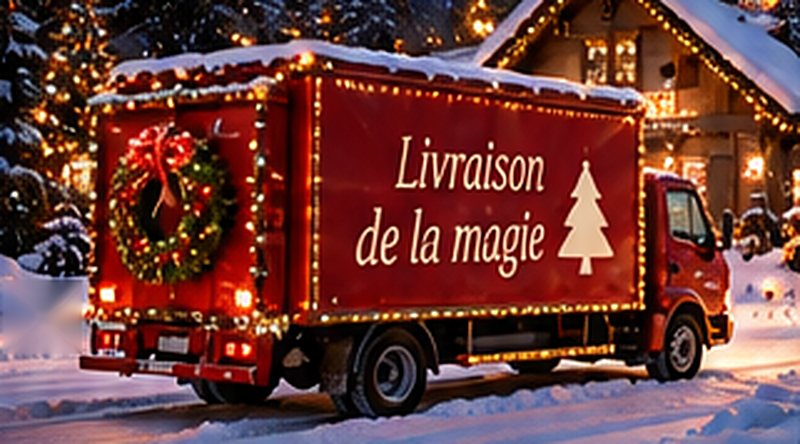 Le camion rouge « Livraison de la magie » devant un chalet enneigé