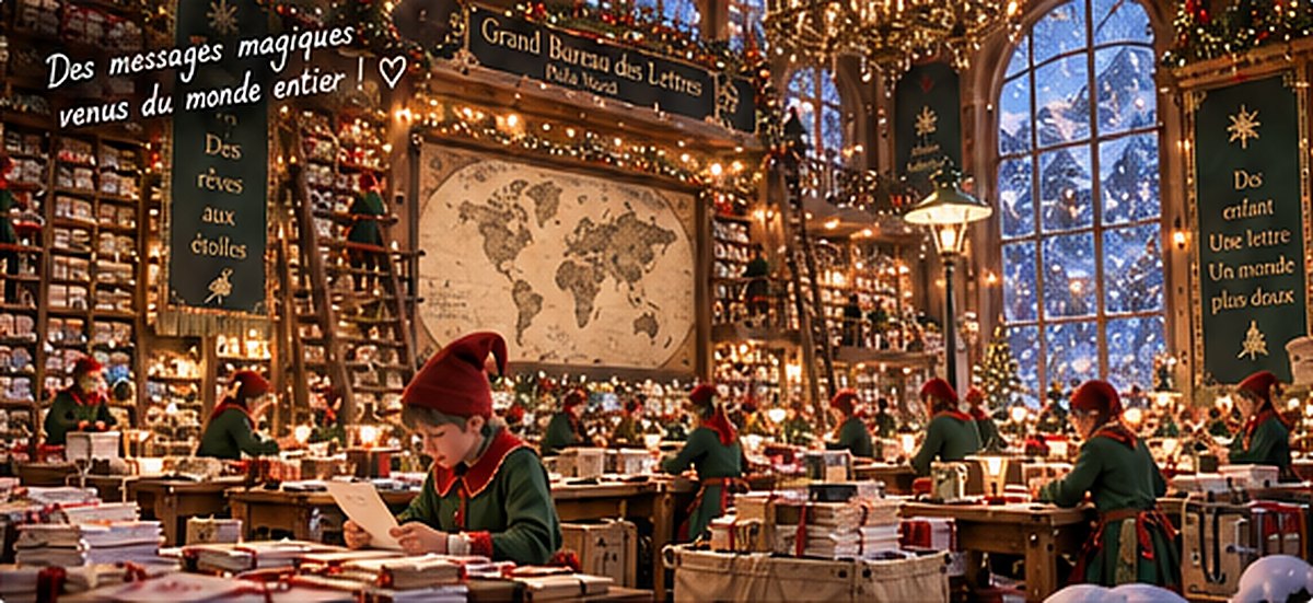 Le grand bureau des lettres : des lutins lisent et trient les lettres des enfants devant une carte du monde