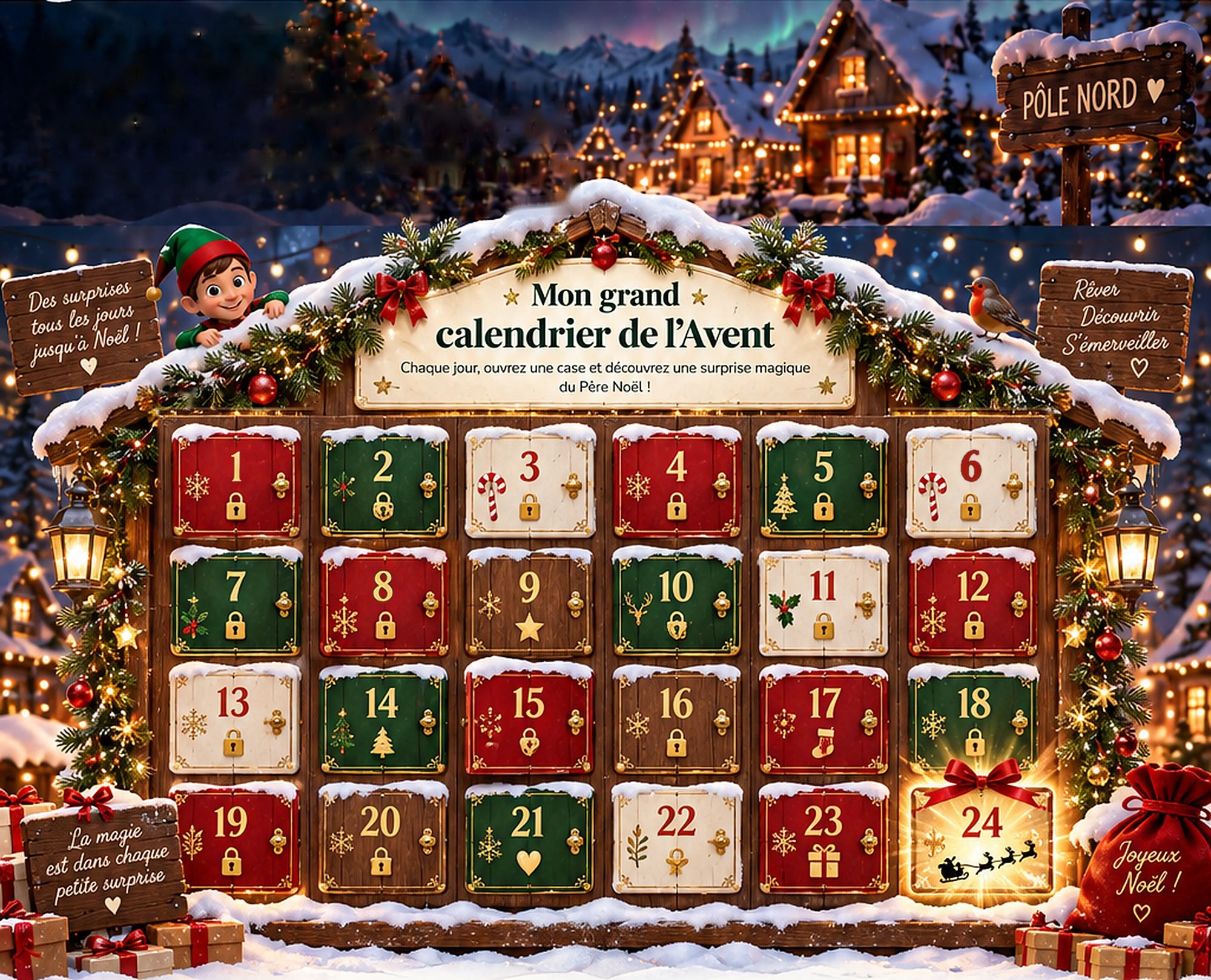 Un grand calendrier de l’Avent en bois enneigé avec 24 cases colorées, un lutin, des cadeaux et des pancartes : Des surprises tous les jours jusqu’à Noël, Rêver Découvrir S’émerveiller, La magie est dans chaque petite surprise, Joyeux Noël.
