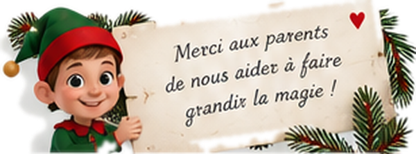 Un lutin tient un parchemin : Merci aux parents de nous aider à faire grandir la magie !