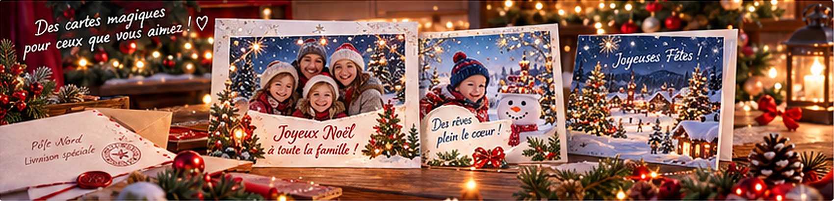 Des cartes magiques pour ceux que vous aimez : cartes Joyeux Noël, Des rêves plein le cœur et Joyeuses Fêtes posées sur une table de Noël