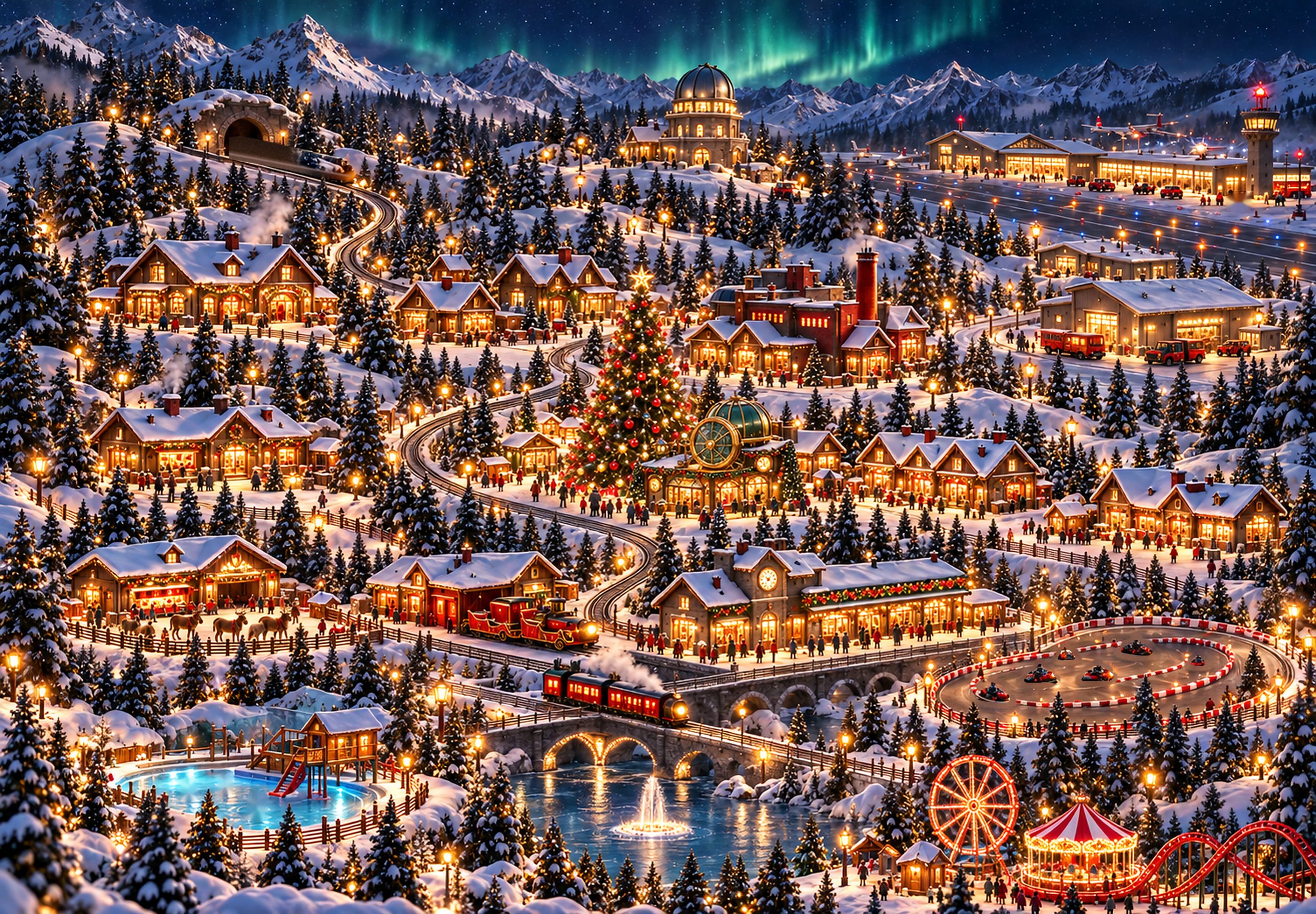 Carte illustrée du village du Père Noël en pleine nuit : chalets illuminés, grand sapin de Noël, gare et petit train, aéroport des traîneaux, lac des souhaits, circuit d’essai et parc d’attraction des lutins