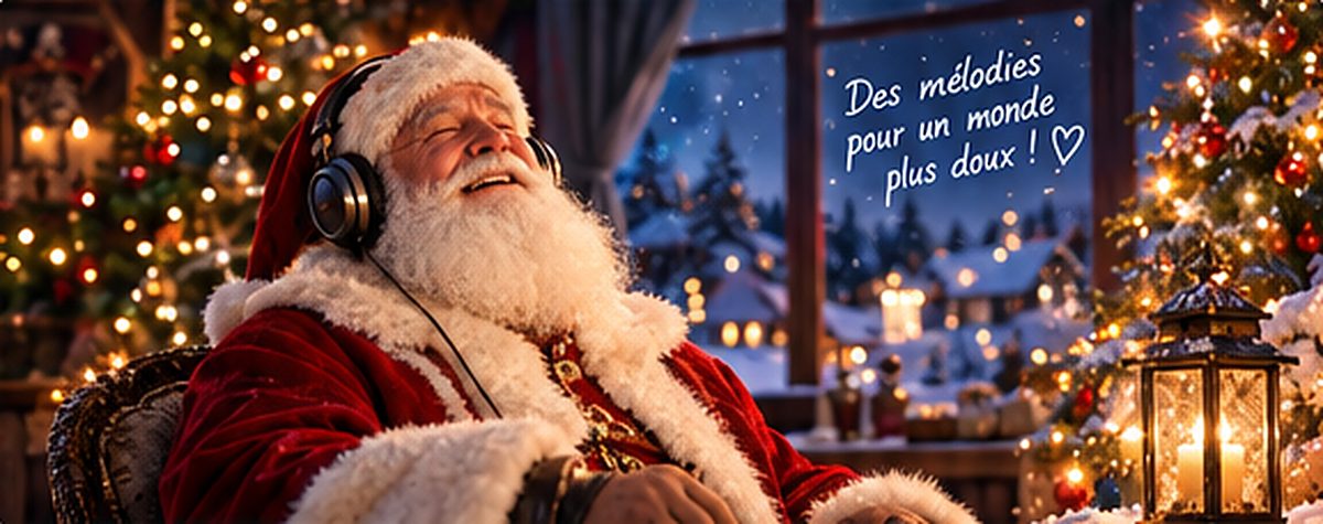 Le Père Noël écoute de la musique au casque près du sapin : Des mélodies pour un monde plus doux !