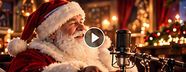 Le Père Noël chante au micro dans son studio