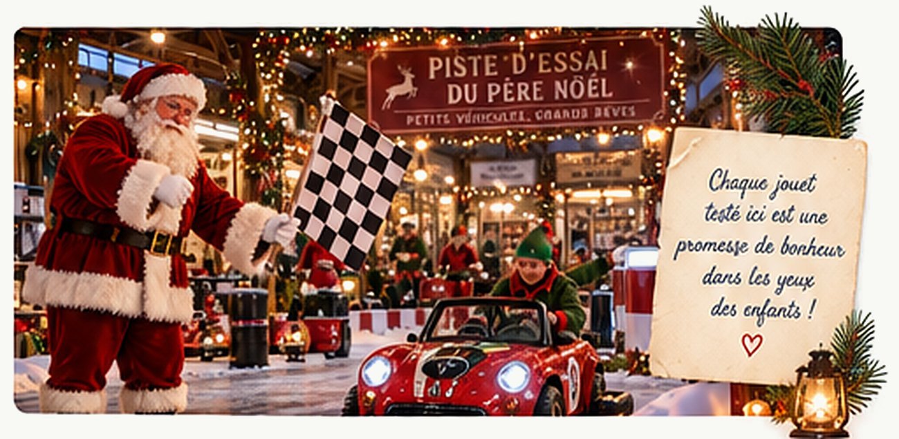 Le Père Noël agite le drapeau à damier devant la piste d’essai, un lutin au volant d’une petite voiture rouge. Note : Chaque jouet testé ici est une promesse de bonheur dans les yeux des enfants !
