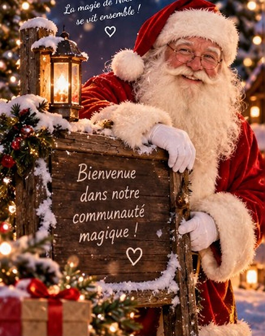 Le Père Noël derrière un panneau en bois « Bienvenue dans notre communauté magique ! »