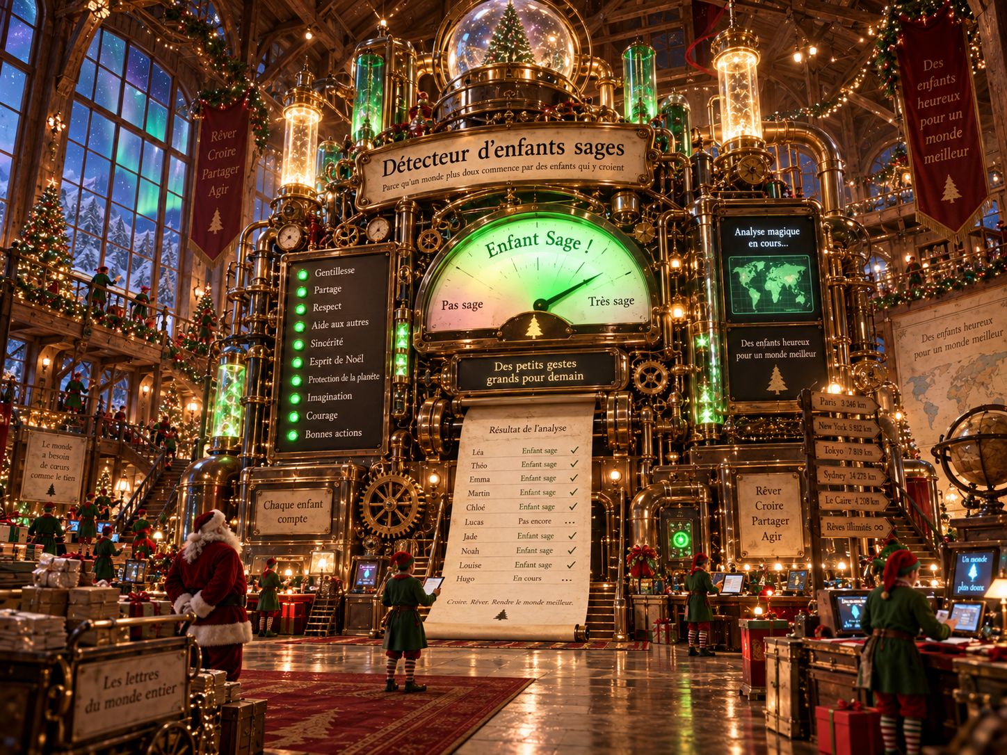 Le grand détecteur d'enfants sages dans l'atelier du Père Noël : cadran Enfant sage, liste des valeurs, résultat de l'analyse et lutins au travail
