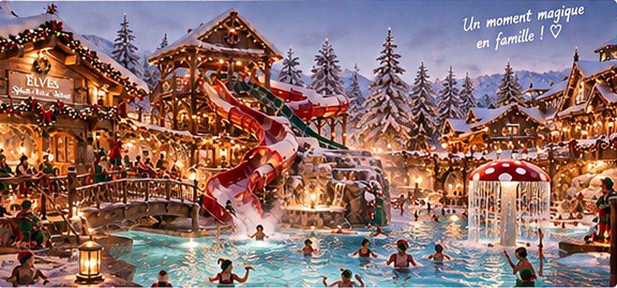 L’espace aquatique du village : bassins chauffés, toboggan rouge et chalets illuminés. Un moment magique en famille !