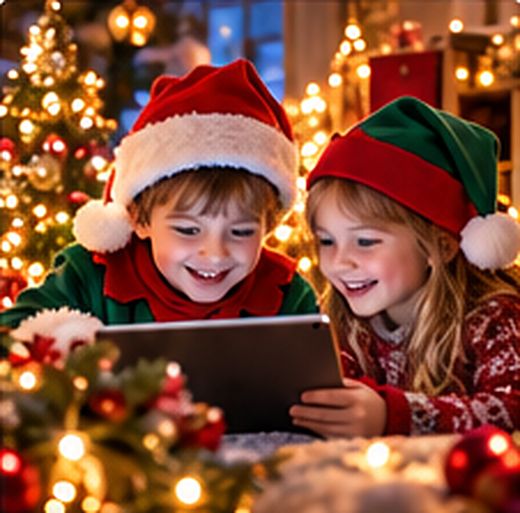 Deux enfants en bonnet de lutin jouent sur une tablette