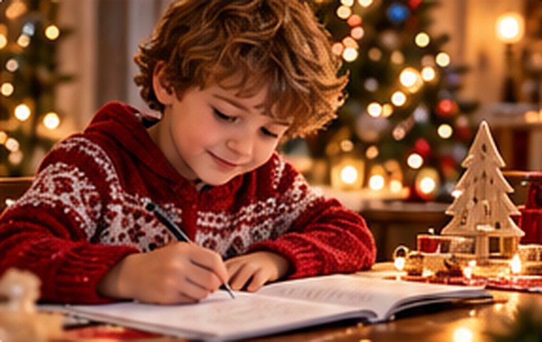 Un enfant écrit dans son cahier près du sapin