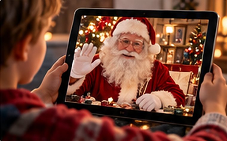 Un enfant regarde une vidéo du Père Noël sur une tablette