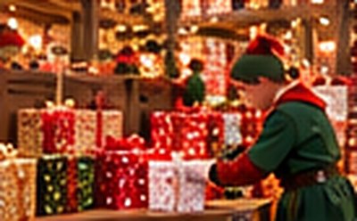 Un lutin emballe des cadeaux au milieu des piles de paquets