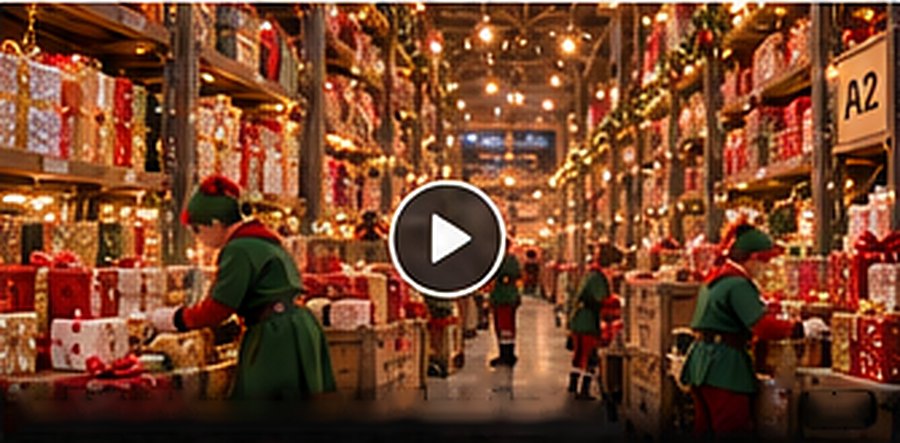 Des lutins rangent les cadeaux dans une grande allée de l’entrepôt