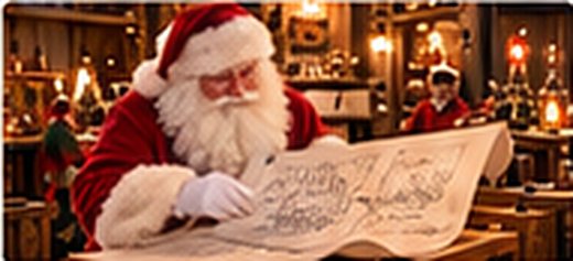Le Père Noël étudie les plans d’un nouveau traîneau