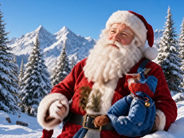 Le Père Noël en voyage dans les montagnes enneigées