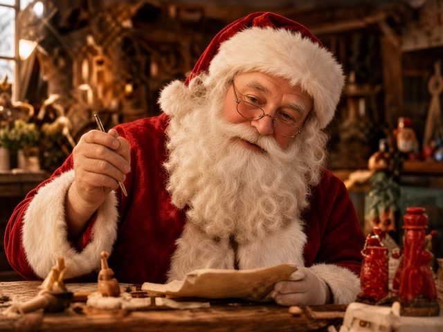Le Père Noël bricole un jouet dans son atelier