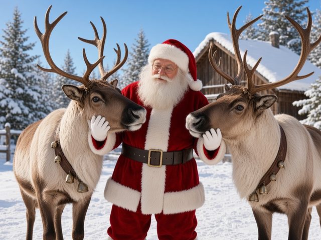 Le Père Noël entre deux rennes dans la neige