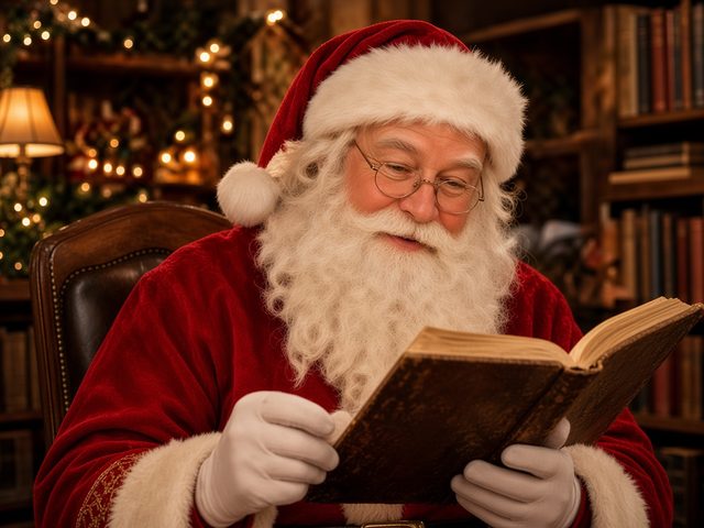 Le Père Noël lit un livre au coin du feu