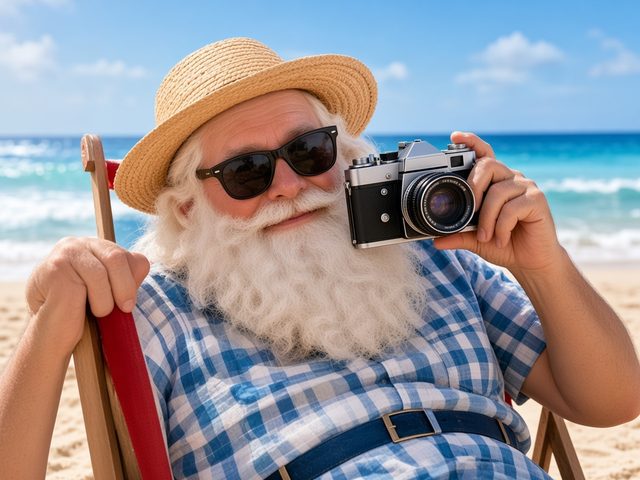 Le Père Noël photographe sur la plage