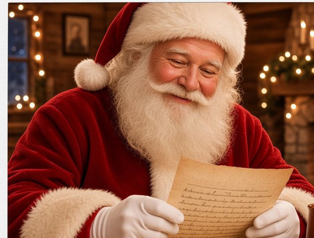 Le Père Noël lit une lettre d'enfant avec un grand sourire