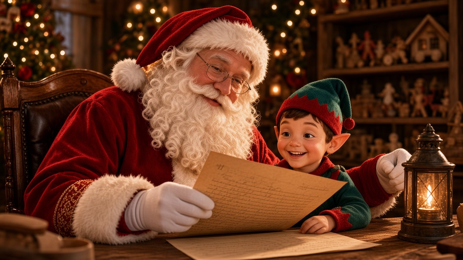 Le Père Noël lit une lettre avec un petit lutin