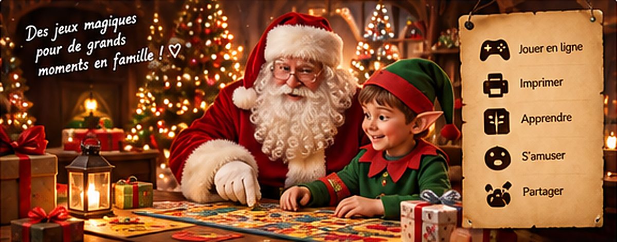 Le Père Noël et un lutin jouent à un jeu de plateau : Des jeux magiques pour de grands moments en famille ! Jouer en ligne, imprimer, apprendre, s’amuser, partager.