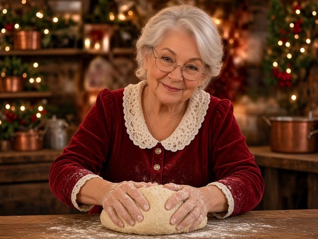 La Mère Noël pétrit une pâte à biscuits
