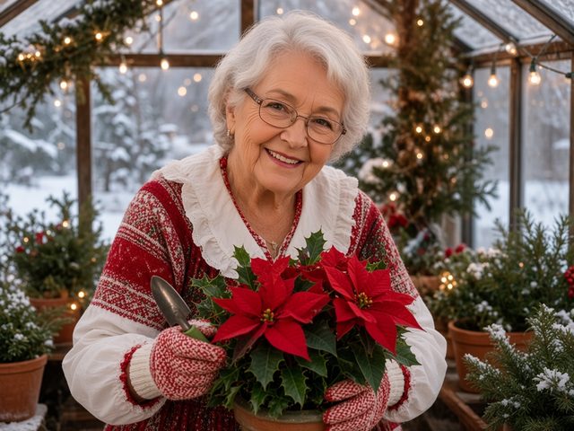 La Mère Noël jardine dans sa serre avec des poinsettias