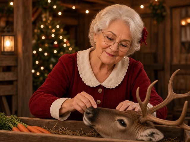 La Mère Noël caresse un renne dans l’écurie