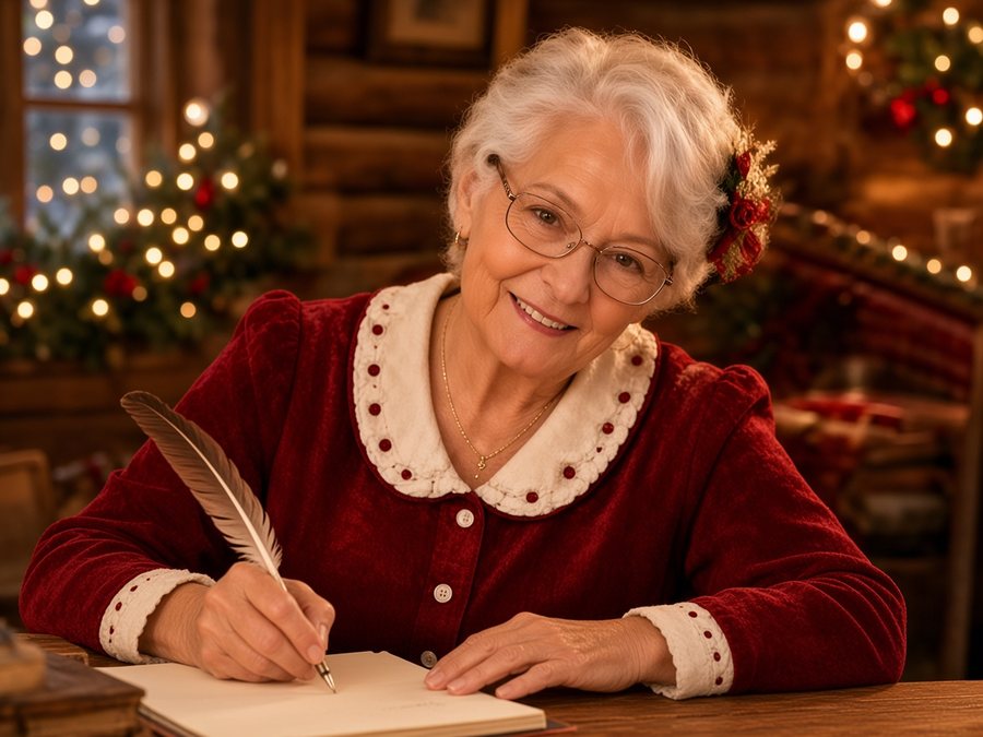 La Mère Noël écrit avec une plume dans sa cabane
