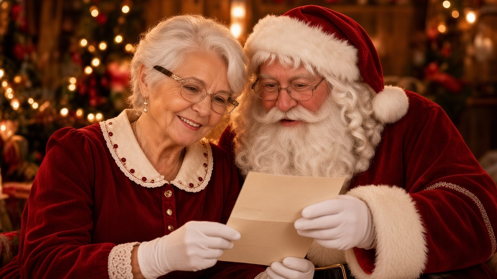 La Mère Noël et le Père Noël lisent une lettre ensemble