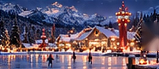 Le village illuminé au pied des montagnes, vu depuis le lac