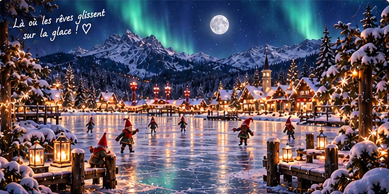 Le lac des souhaits gelé sous les aurores boréales et la pleine lune, avec des lutins qui patinent entre les lanternes