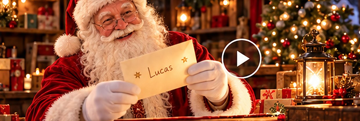 Le Père Noël montre une enveloppe au prénom de Lucas
