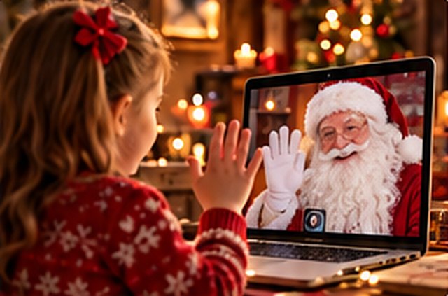 Une petite fille salue le Père Noël en visio sur un ordinateur