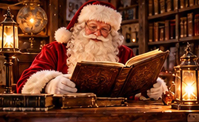 Le Père Noël lit un grand livre ancien