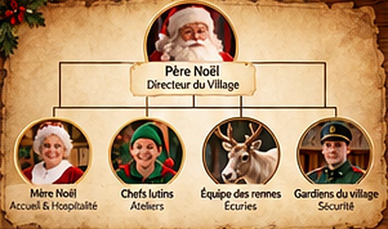 Organigramme : le Père Noël, la Mère Noël, les chefs lutins, l'équipe des rennes et les gardiens du village