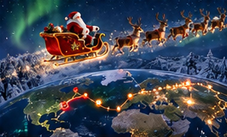 Le traîneau du Père Noël survole la Terre illuminée