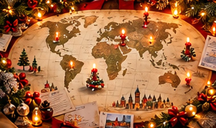 Carte du monde décorée des traditions de Noël